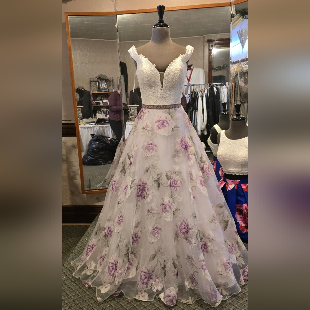 Floral Lace Gown with Purple Accents